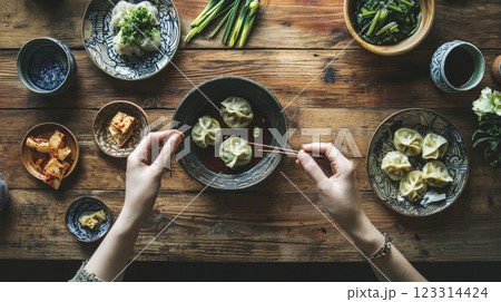 Korean Table Setting with Mandu and Soy Sauce 123314424