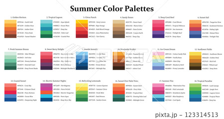 Color Palettes 18x5 Swatches Summer - Cool, Warm, Neutral, Bright, Soft, Mix Colors - with HEX Codes and Names, Colour Scheme and Combinations Color Palettes 18x5 Swatches Summer - Cool, Warm, Neutral, Bright, Soft, Mix Colors - with HEX Codes and Names, Colour Scheme and Combinations 123314513