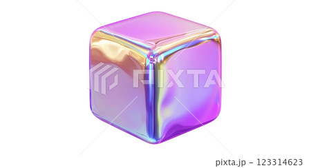 Iridescent 3d cube reflecting rainbow lights isolated on transparent background 123314623