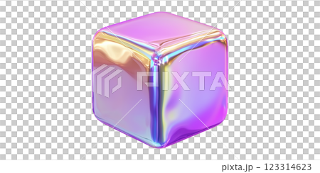 Iridescent 3d cube reflecting rainbow lights isolated on transparent background 123314623