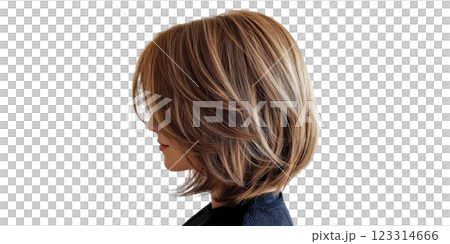 Profile view of woman with layered brown bob hairstyle isolated on transparent background 123314666