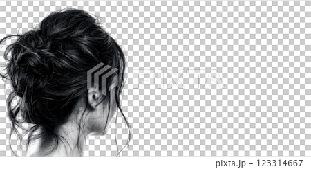 Woman with Hair Styled in a Bun, Viewed from the Back, Isolated Background 123314667