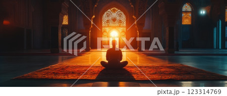 Man sitting in mosque, sunlight streaming through intricate stained glass archway, creating warm glow on floor and walls. Concept of Ramadan. 123314769