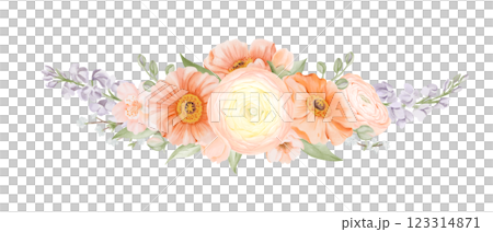 Spring Horizontal Bouquet from Flowers in Pastel colors. Floral Garland from Ranunculus and Iceland Poppies with Freesia, Peach or Cherry and Snow Willow Branches. Watercolor hand painted botanical 123314871