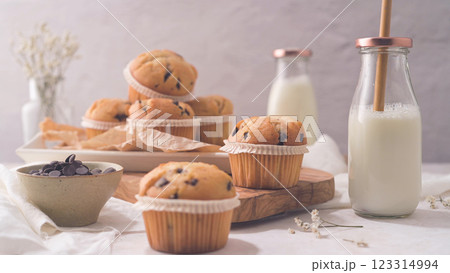 Chocolate chip muffins with milk 123314994