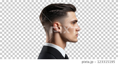 Profile view of young man wearing suit isolated on transparent background 123315195