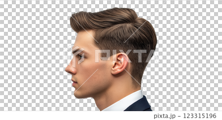 Side profile of young male with stylish haircut isolated on transparent background 123315196