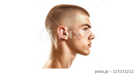 Profile view of young male with buzz cut hairstyle isolated on transparent background 123315212