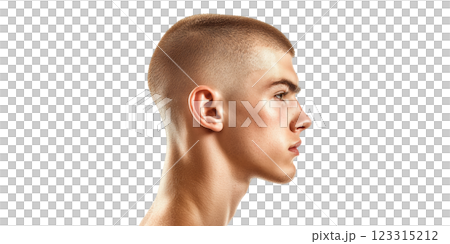 Profile view of young male with buzz cut hairstyle isolated on transparent background 123315212