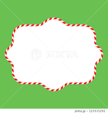 Vector Christmas candy cane frame with red and white stripes on green background. Xmas border 123315291