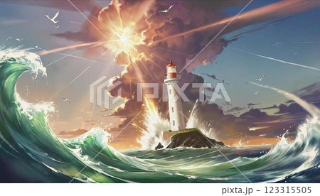荒波のなかそびえたつ燈台 123315505
