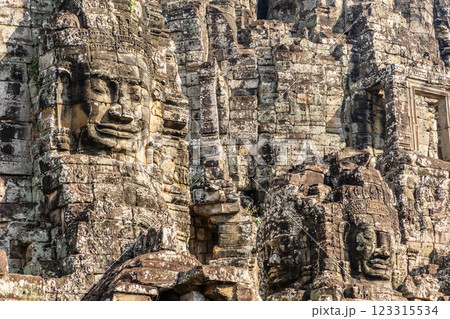 Ancient Bayon temple with carved smiling stone faces, Angkor Thom, Siem Reap, Cambodia 123315534
