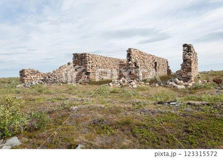 Abandoned ruined stone structure in tundra Abandoned ruined stone structure in tundra 123315572