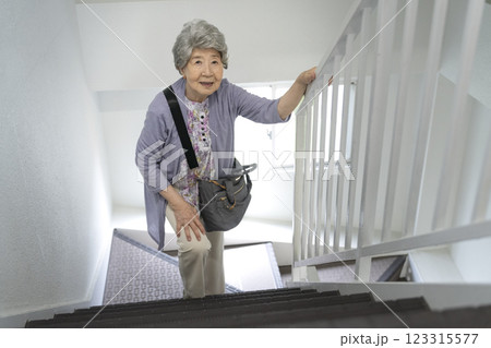 手すりにつかまって階段をあがるシニア女性 手すりにつかまって階段をあがるシニア女性 123315577