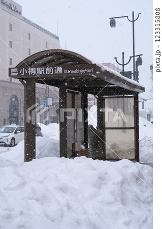 雪に被われた小樽市のバス停 雪に被われた小樽市のバス停 123315808