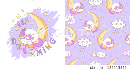 Cute cartoon unicorn illustration and seamless background 123315853