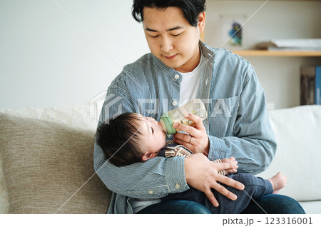 赤ちゃんにミルクをあげるパパ 赤ちゃんにミルクをあげるパパ 123316001