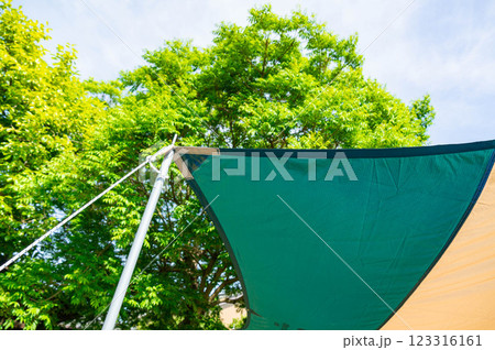 緑の中で張られたタープ 123316161
