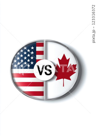 National icons of the United States and Canada: geopolitical tension, power dynamics, economic challenges, political rivalry, military standoff, diplomatic ties, cultural exchange, cooperative trade. 123316372