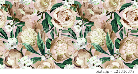 Botanical seamless pattern with peonies and sakura branches drawn in gouache 123316378