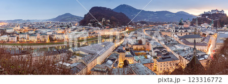 Salzburg cityscape at night with Hohensalzburg Fortress, Austria Salzburg cityscape at night with Hohensalzburg Fortress, Austria 123316772