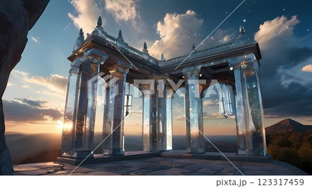 ゲーム背景　古代文明遺跡の水晶神殿と夜明け風景 123317459