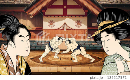 相撲を見ている女性たち 相撲を見ている女性たち 123317571