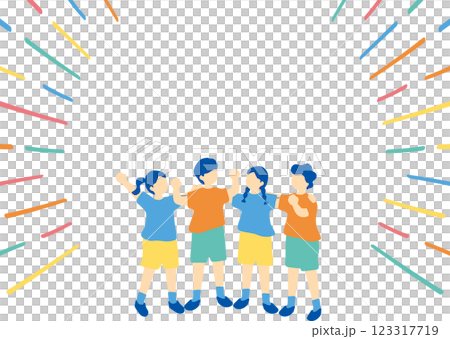 肩を組み、ガッツポーズをする子供たち 123317719