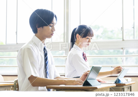 タブレットで勉強をする高校生 123317846