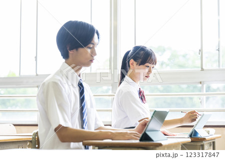 タブレットで勉強をする高校生 123317847