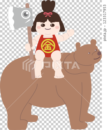 線條插畫：胖胖的、看起來很健康的金太郎騎著熊 123317953