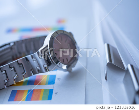 テーブルに置かれたグラフと書類と腕時計 テーブルに置かれたグラフと書類と腕時計 123318016