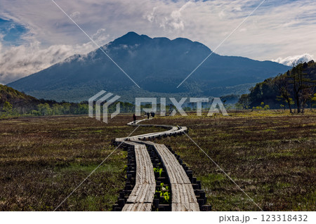 初夏の尾瀬ヶ原を行くハイカーと燧ヶ岳の眺め 初夏の尾瀬ヶ原を行くハイカーと燧ヶ岳の眺め 123318432