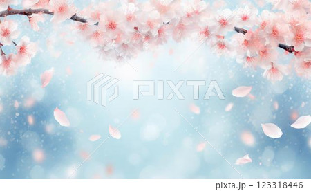 淡いキラキラ青色ぼかし背景に花びらが舞い散る美しい桜の花のフレーム 3DCGイラスト 淡いキラキラ青色ぼかし背景に花びらが舞い散る美しい桜の花のフレーム 3DCGイラスト 123318446