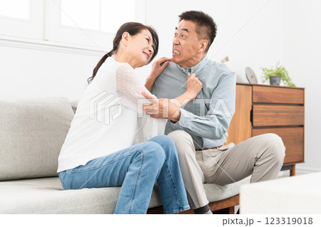 ソファーに座っている熟年夫婦 123319018