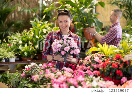 Portrait of positive woman chooses flowers azalea in flower shop 123319057