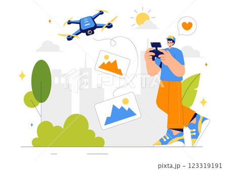 Drone Photography Vector Illustration featuring a Drone with a Remote Control, Capturing Aerial Photos and Videos from Above in a Flat Background Drone Photography Vector Illustration featuring a Drone with a Remote Control, Capturing Aerial Photos and Videos from Above in a Flat Background 123319191