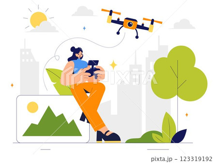 Drone Photography Vector Illustration featuring a Drone with a Remote Control, Capturing Aerial Photos and Videos from Above in a Flat Background 123319192
