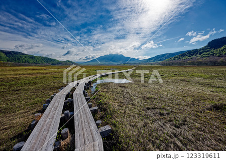 初夏の尾瀬ヶ原の木道と燧ヶ岳の眺め 初夏の尾瀬ヶ原の木道と燧ヶ岳の眺め 123319611