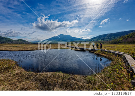 初夏の尾瀬ヶ原の池塘と燧ヶ岳の眺め 123319617