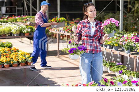 Adult woman choosing petunia in flower shop 123319869