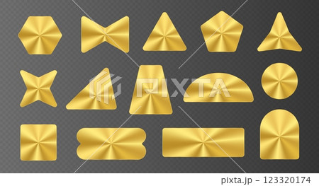 Golden stickers pack, gold metallic labels, shiny paper tape in various shapes. 123320174