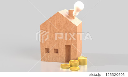 The House wood and coins for property or Building concept 3d Rendering 123320603
