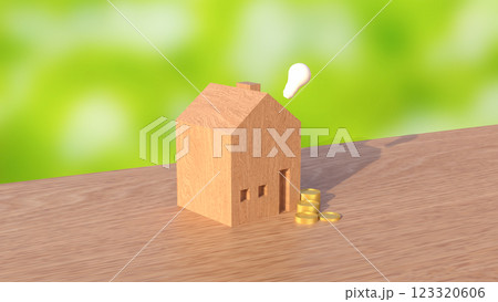 The House wood and coins for property or Building concept 3d Rendering 123320606