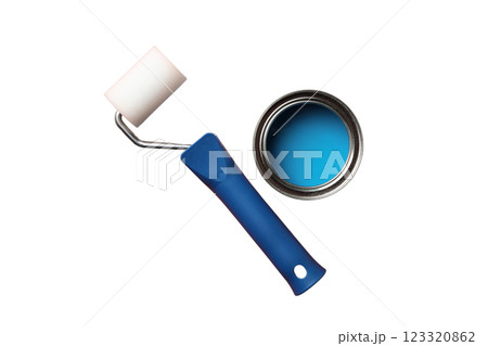 PNG, Paint, can of blue paint with paint roller, isolated on white background 123320862