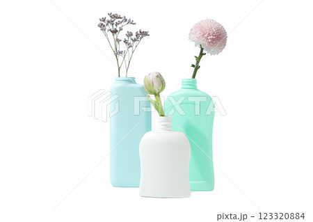 Spring cleaning, flowers in detergent bottles, isolated on white background, PNG Spring cleaning, flowers in detergent bottles, isolated on white background, PNG 123320884