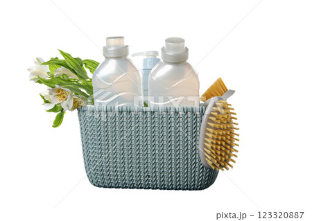 Spring cleaning, flower, household chemicals and cleaning brushes in a plastic basket, isolated on white background, PNG Spring cleaning, flower, household chemicals and cleaning brushes in a plastic basket, isolated on white background, PNG 123320887