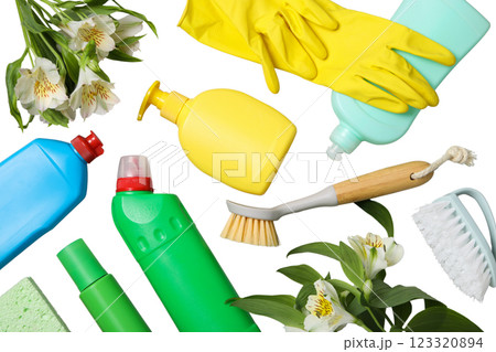 Spring cleaning, cleaning equipment and flowers, isolated on white background, PNG 123320894