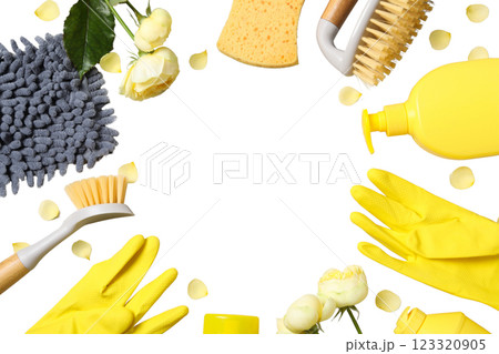 Spring cleaning, cleaning equipment and flowers, top view, isolated on white background, PNG 123320905