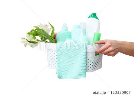 Spring cleaning, cleaning equipment and flower in basket in hands, isolated on white background, PNG Spring cleaning, cleaning equipment and flower in basket in hands, isolated on white background, PNG 123320907